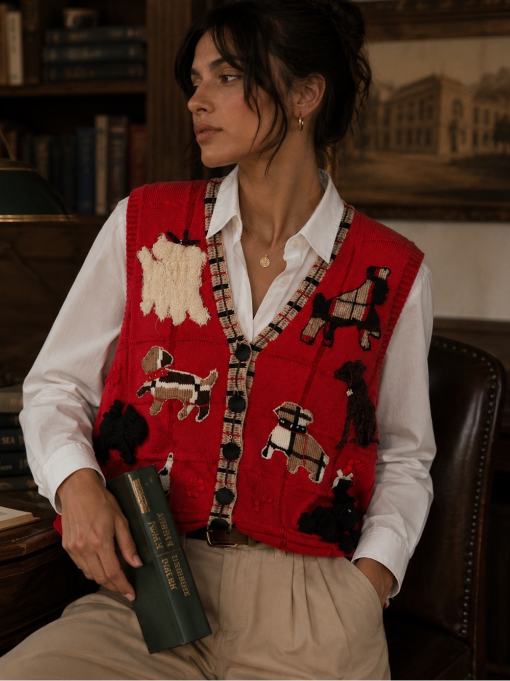 Vintage Red Dog Appliqué Button Front Sweater Vest Medium Novelty Cottagecore